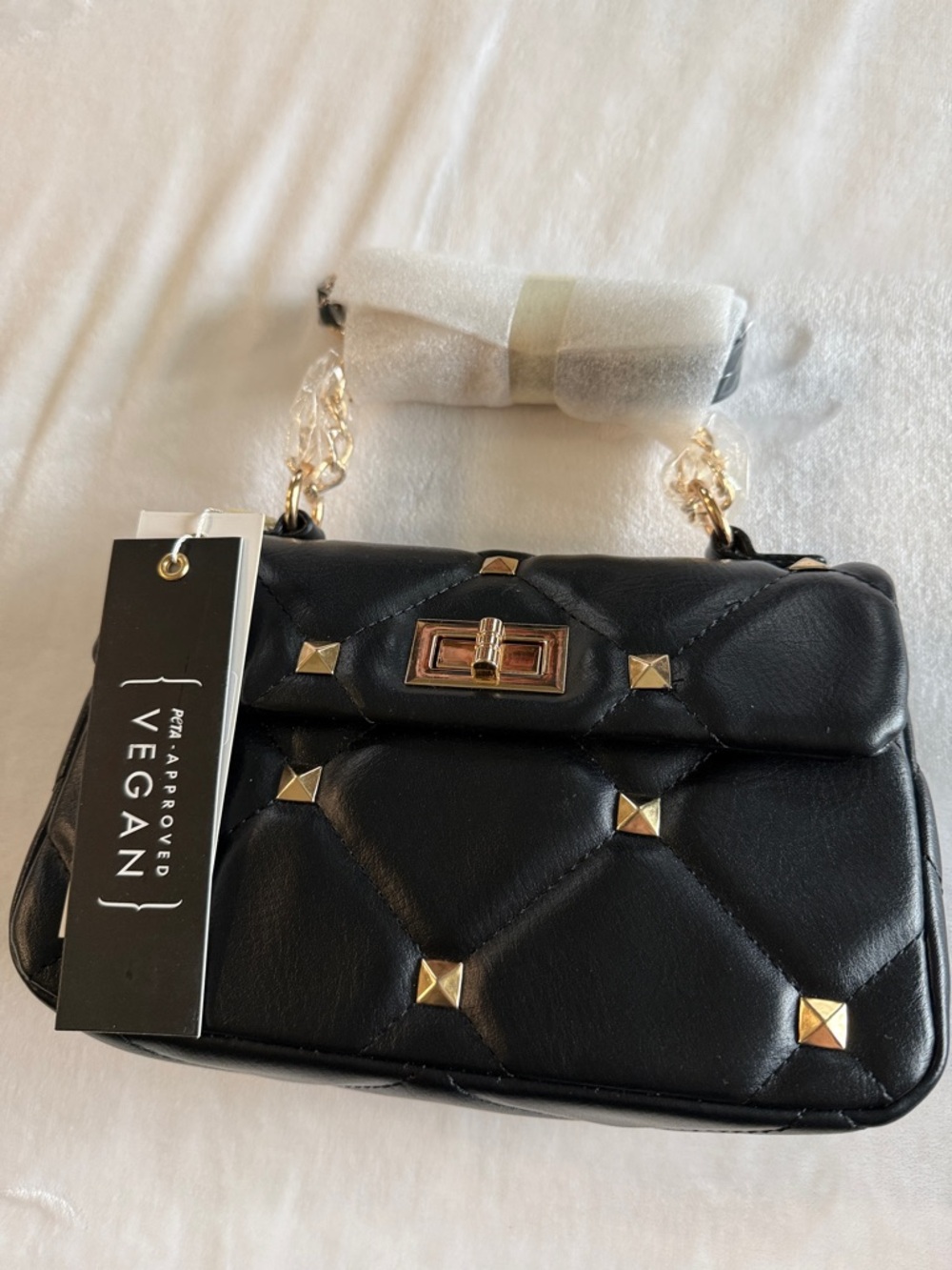 Black Quilted Vegan Crossbody Bag with Gold Stud Accents